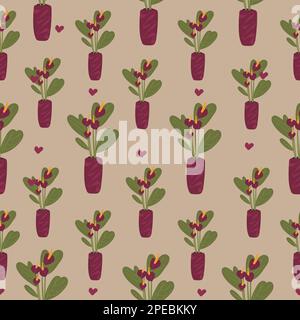 Zimmerpflanzen nahtloses Muster. Trendige Inneneinrichtung mit Pflanzen-Vektorgrafik. Blumen im Topf, Innenausstattung des Hauses. Stock Vektor