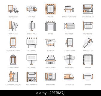 Flache Symbole für Außenwerbung, Werbung und Marketing. Reklametafeln, Straßenschilder, Verkehrsmittelwerbung, Poster, Lightbox und anderes Werbedesign Stock Vektor