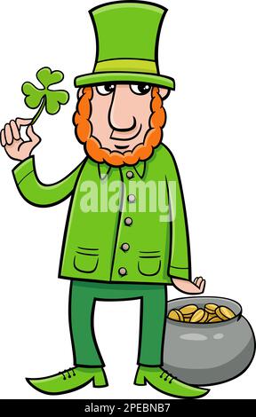 Cartoon-Illustration der Leprechaun-Fantasie-Figur mit Klee und Topf aus Gold am St. Patrick Day Stock Vektor