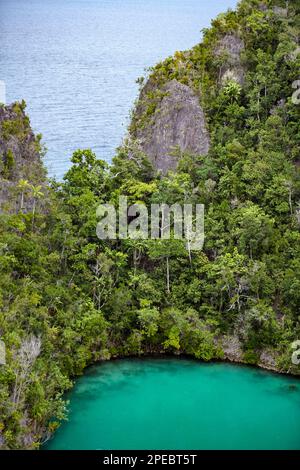 Inseln mit Kalksteinspitzen, Penemu Aussichtspunkt, in der Nähe von Waigeo Island, Raja Ampat, Indonesien Stockfoto