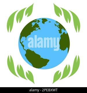 Erdkugel umgeben von grünen Blättern auf weißem Hintergrund. Das Konzept der Ökologie, der Tag der Erde. Vektorbild. Stock Vektor