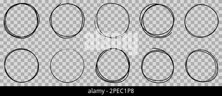 Handgezeichnete Kreise - Rahmensatz für Skizzen. Rundet Kritzellinienkreise, die auf transparentem Hintergrund isoliert sind Stock Vektor