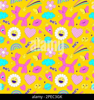 Nahtloses Muster mit Y2K Stylingelementen. Saure, lebendige Neonfarben. Leuchtendes Jugendmuster mit 90 s-Zeichen. Aufblasbarer Hundeballon, Gänseblümchen, Regenbogen, Stock Vektor
