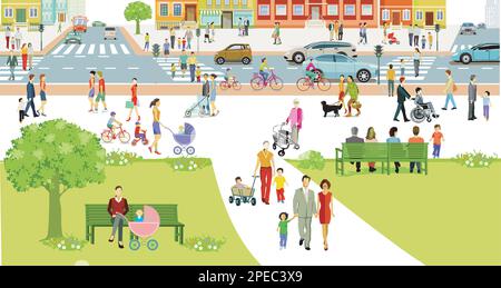 City Silhouette mit Straßenverkehr und Fußgängern auf dem Zebrastreifen, Illustration Stock Vektor