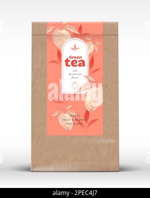 Craft-Papierbeutel mit Obst- und Beerentetikett. Realistisches Verpackungsdesign Für Vektortaschen. Moderne Typographie, handgezogenes Mango und Blätter Stock Vektor