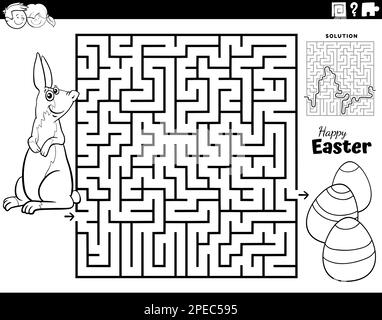 Schwarz-weiße Cartoon-Illustration eines informativen Labyrinth-Puzzle-Spiels für Kinder mit Osterhasen- und Ostereier-Malseite Stock Vektor