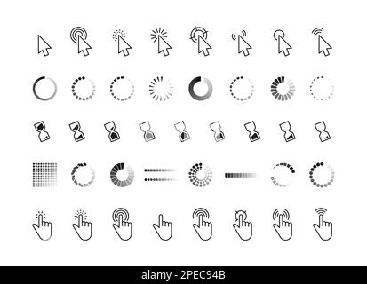 Fortschrittscursor der Schnittstelle. Mauszeiger-Mausklick-Pfeil, Laden der Verbindung und Zeigen Hand-Websymbole, Schaltflächen der Computerschnittstelle. Vektorsatz. Hourgl Stock Vektor