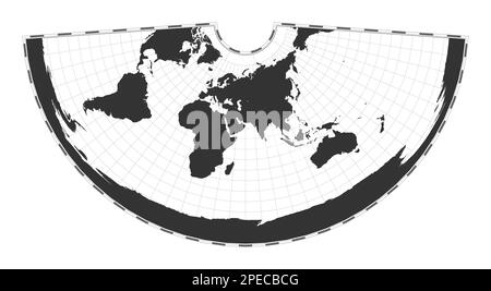 Vector-Weltkarte. Konische äquidistante Projektion. Geografische Karte mit Breiten- und Längengraden. Zentriert auf 60deg W Längengrad. Vektor Stock Vektor