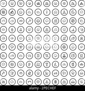 100 Notfallsymbole eingestellt. Skizzieren Sie die Darstellung von 100 Katastrophensymbolen, die auf weißem Hintergrund isoliert sind Stock Vektor