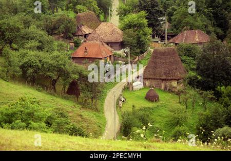 Alba County, Rumänien, 2001. Die Landstraße führt durch das Dorf Sub Piatră im Apuseni-Gebirge. Stockfoto