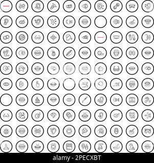 100 Körpersymbole eingestellt. Umrissdarstellung von 100-Körpersymbolen, Vektorsatz isoliert auf weißem Hintergrund Stock Vektor