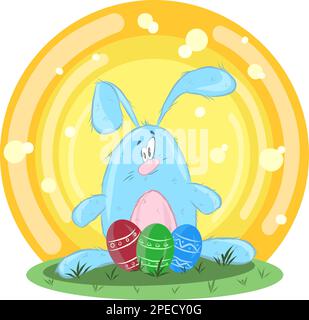 Osterhase mit bunten Eiern auf dem Gras. Gelber Hintergrund mit Hervorhebungen und Kreisen. Vektor. Stock Vektor