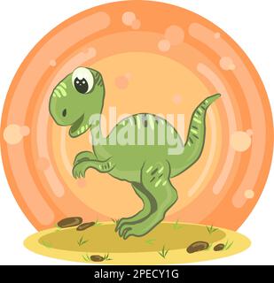 Cartoon-grüner Tyrannosaurus rex auf Sand mit Steinen. Orangefarbener Hintergrund mit Hervorhebungen und Kreisen. Vektor. Stock Vektor