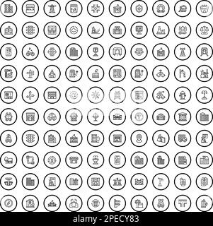 100 Symbole für die Stadt eingestellt. Skizzieren Sie die Darstellung von 100 Stadtsymbolen, die auf weißem Hintergrund isoliert sind Stock Vektor