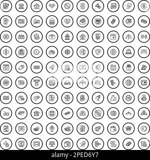 100 Münzsymbole eingestellt. Umrissdarstellung von 100-Münzsymbolen, Vektorsatz isoliert auf weißem Hintergrund Stock Vektor