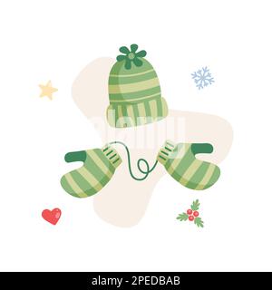 Flache Darstellung von kalter Mütze und Handschuhen für den Winter. Vektorbildgebung. Stock Vektor