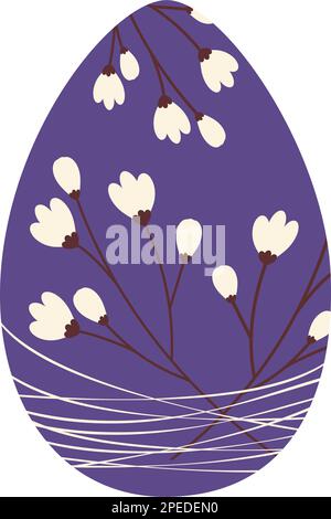 Osterei mit einem Muster von Kirschzweigen ist mit dünnem Faden in trendigen Lila-Tönen verflochten. Frohe Ostern. Aufkleber. Symbol. Isolieren. Gut geeignet für Poster, Banner oder Grußkarten, Einladungskarten. EPS Stock Vektor