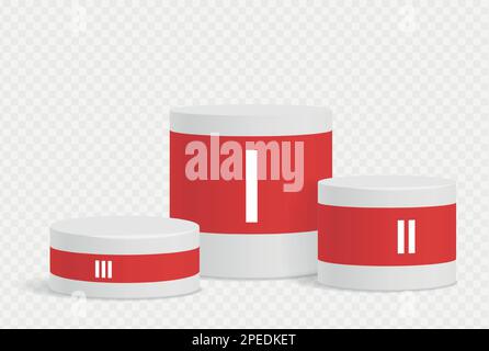Set aus weißem und rotem kreisförmigem Basispodium. Die Preisverleihung steht isoliert auf transparentem Hintergrund. Bühne leer für Produktpräsentation, Werbung, Show, Wettbewerb. Realistische Vektordarstellung. Stock Vektor