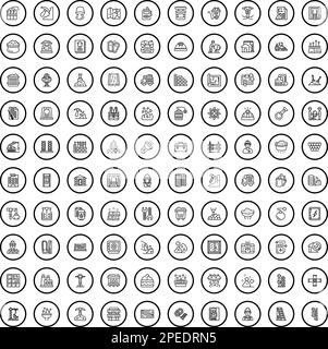 100 branchenspezifische Symbole. Gliederungsdarstellung von 100 branchenspezifischen Symbolen, Vektorsatz isoliert auf weißem Hintergrund Stock Vektor