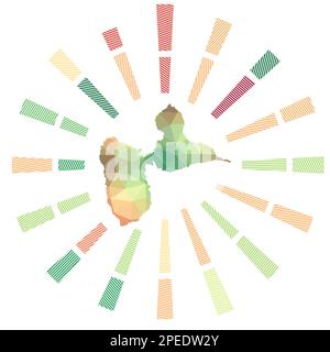 Grande-Terre Sonnenaufgang. Niedrige poly-gestreifte Rochen und Karte der Insel. Fantastische Vektordarstellung. Stock Vektor