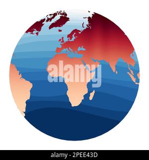 Weltkartenvektor. Chamberlin-Projektion für Afrika-Projektion. Welt in rot-orangen Gradienten auf tiefblauen Ozeanwellen. Moderne Vektorillustration. Stock Vektor