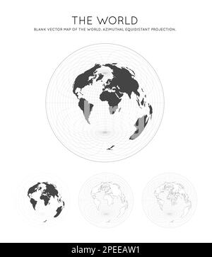 Weltkarte. Azimutale äquidistante Projektion. Kugel mit Breiten- und Längengradlinien. Weltkarte über Meridiane und Parallelen im Hintergrund. Vektor i Stock Vektor