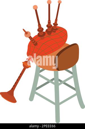 Isometrischer Vektor des Dudelrohrsymbols. Musikalisches Windschild-Instrument auf einem Metallstuhl-Symbol. Musik- und Kunstkonzept Stock Vektor
