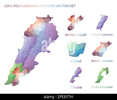 Libanesische Niederpoly-Regionen. Polygonale Karte des Libanon mit Regionen. Geometrische Karten für Ihr Design. Fesselnde Vektordarstellung. Stock Vektor