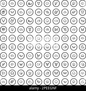 100 Regensymbole eingestellt. Umrissdarstellung von 100 Regensymbolen, die auf weißem Hintergrund isoliert sind Stock Vektor