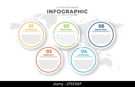 Bearbeitbares Infografik-Design. 5 Schritte Infografik Prozess oder Infografik zur Geschäftszeitleiste Vorlage. Zeitleiste für Unternehmen, Präsentation Stock Vektor