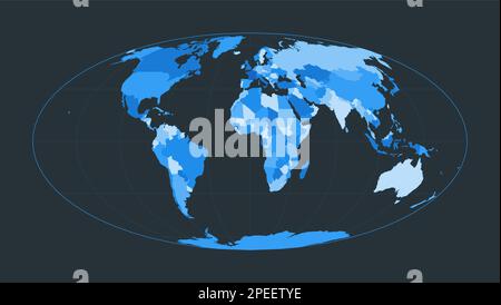 Weltkarte. Gleichflächengleiche, pseudozylindrische Mollweide-Projektion. Illustration der futuristischen Welt für Ihre Infografik. Schöne blaue Farbpalette. Stock Vektor