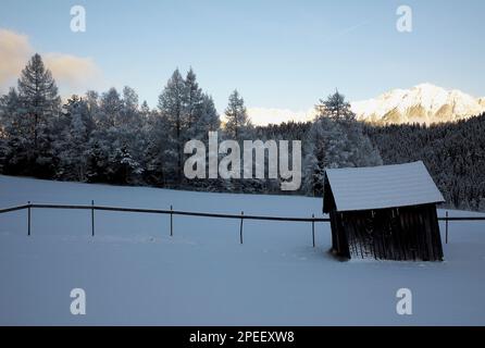Farbaufnahme eines schneebedeckten Feldes, einer Holzhütte, eines Zauns, eines Waldes und einer Berge, Seefeld, Tirol, Österreich, Europa, 2023. Stockfoto