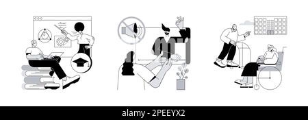 Senior Community und Bildung abstraktes Konzept Vektor Illustration Set. Online-Lernen für Senioren, Gebärdensprachkurse, Gemeinschaften für ältere Menschen, freier Kurs, abstrakte Metapher für schweigende Sprache. Stock Vektor