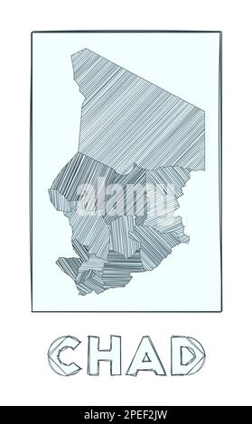Skizzieren Sie die Karte des Tschad. Handgezeichnete Grauskala-Landkarte. Regionen mit Hachurestreifen gefüllt. Vektordarstellung. Stock Vektor
