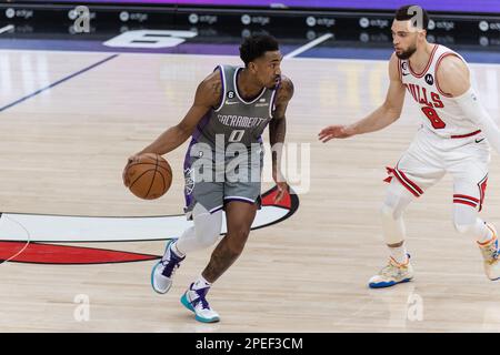 Chicago, USA. 15. März 2023. Chicago, USA, 15. März 2023: Malik Monk (1 Sacramento Kings) in Aktion während des Spiels zwischen den Chicago Bulls und den Sacramento Kings am Mittwoch, 15. März 2023 im United Center, Chicago, USA. (KEINE KOMMERZIELLE NUTZUNG) (Shaina Benhiyoun/SPP) Guthaben: SPP Sport Press Photo. Alamy Live News Stockfoto