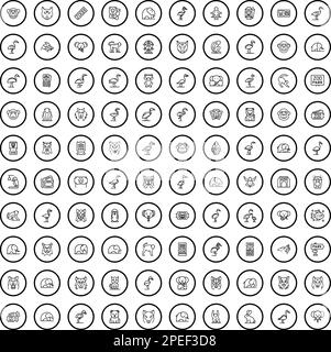 100 Zoosymbole eingestellt. Umrissdarstellung von 100 Zoosymbolen, Vektorsatz isoliert auf weißem Hintergrund Stock Vektor