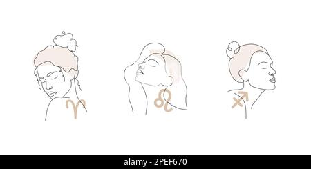 Widder, Leo, Schütze. Zodiakzeichen mit linearen weiblichen Gesichtern abfeuern. Astrologische Symbole auf weißem Hintergrund. Geheimnisvoll und esoterisch. Vektordarstellung Stock Vektor