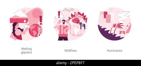 Naturkatastrophen abstraktes Konzept Vektorbildungs-Set. Schmelzende Gletscher, Waldbrände und Hurrikane, Anstieg des Meeresspiegels, globale Erwärmung, Waldbrände, Abstrakte Metapher des Tropensturms. Stock Vektor
