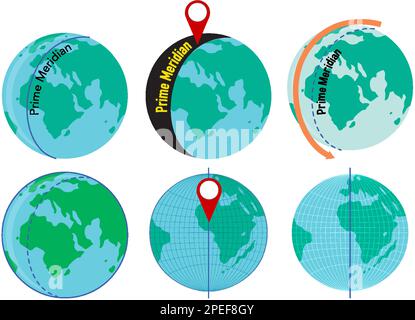 Erdungssatz mit Darstellung der Linie des primären Meridians Stock Vektor