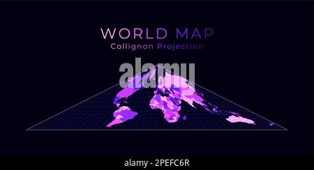 Weltkarte. Kollignon-EQUAL-Area-pseudozylindrische Projektion. Illustration der digitalen Welt. Leuchtend rosa Neonfarben auf dunklem Hintergrund. Stock Vektor