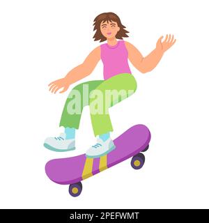 Glückliches lächelndes Mädchen, Teenager, der Skateboard reitet. Cartoon-Vektorzeichen Stock Vektor