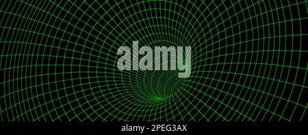 Grünes Drahtmodell-Wurmloch auf schwarzem 3D-Trichter oder Portal. Grafische Illusion von Gitterloch, Linienverzug, abstrakte geometrische Netzvektordarstellung auf dunklem Hintergrund Stock Vektor