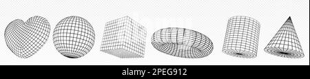 3D Satz geometrischer Drahtmodellfiguren, isoliert auf transparentem Hintergrund. Vektorrealistische Darstellung von Herz, Kugel, Würfel, Torus, Zylinder, Kegelförmige grafische Objekte. Elemente der virtuellen Realität Stock Vektor