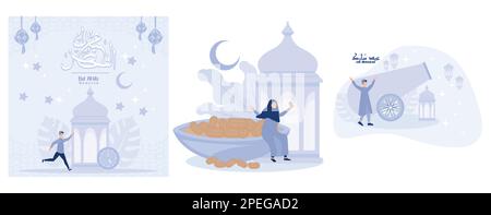 Moslems sind glücklich, wenn sie Ramadans Tempo brechen, ein Moslem freut sich, den Monat des Ramadan zu begrüßen, eine flache Vektor-moderne Illustration Stock Vektor