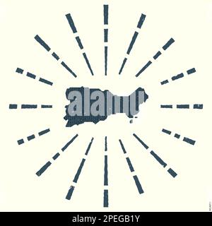 Capri-Logo. Grunge Sunburst Poster mit Karte der Insel. Die Form der Capri ist gefüllt mit Hexziffern mit Sonnenstrahlen. Stock Vektor