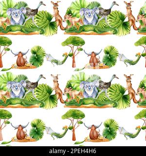 Nahtloses Muster von Cartoon-Tieren, auf Weiß isolierte Aquarelle. Süßer Koala, emu, Känguru, Bullon-Sommerruhe, handgezeichnet. Entwurfselement für Druck, Stockfoto