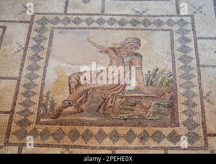 23. Mai 2022, Paphos, Zypern: Römisches Mosaik von Narzissen, aus dem Haus des Dionysos, Paphos Archäologischer Park. Nea Pafos ist eine archäologische Stätte in der Nähe des Hafens von Paphos in Zypern, die die Überreste der einst Hauptstadt der Insel beherbergt. Seit 1980 gehört Nea Pafos zum UNESCO-Weltkulturerbe. Die Republik Zypern steht an einer historischen und kulturellen Kreuzung zwischen Europa und Asien. Die wichtigsten Städte – die Hauptstadt von Nikosia, Limassol, Famagusta und Paphos – haben die Einflüsse von Generationen von Eroberern, Pilgern und Reisenden aufgenommen und haben eine Atmosphäre, die sowohl kosmopolitisch als auch pr Stockfoto