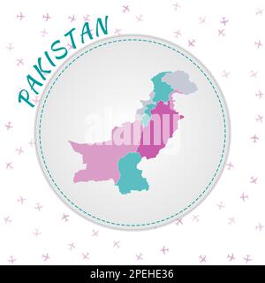 Pakistanische Kartengestaltung. Landkarte mit Regionen in Smaragd-Amethyst-Farbpalette. Stock Vektor