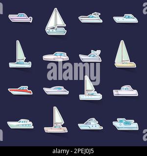 Die Symbole der Yachten setzen den Stiker-Sammlungsvektor mit Schatten auf lila Hintergrund Stock Vektor