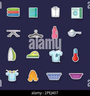 Wäschesymbole setzen den Stikers-Sammlungsvektor mit Schatten auf lila Hintergrund Stock Vektor